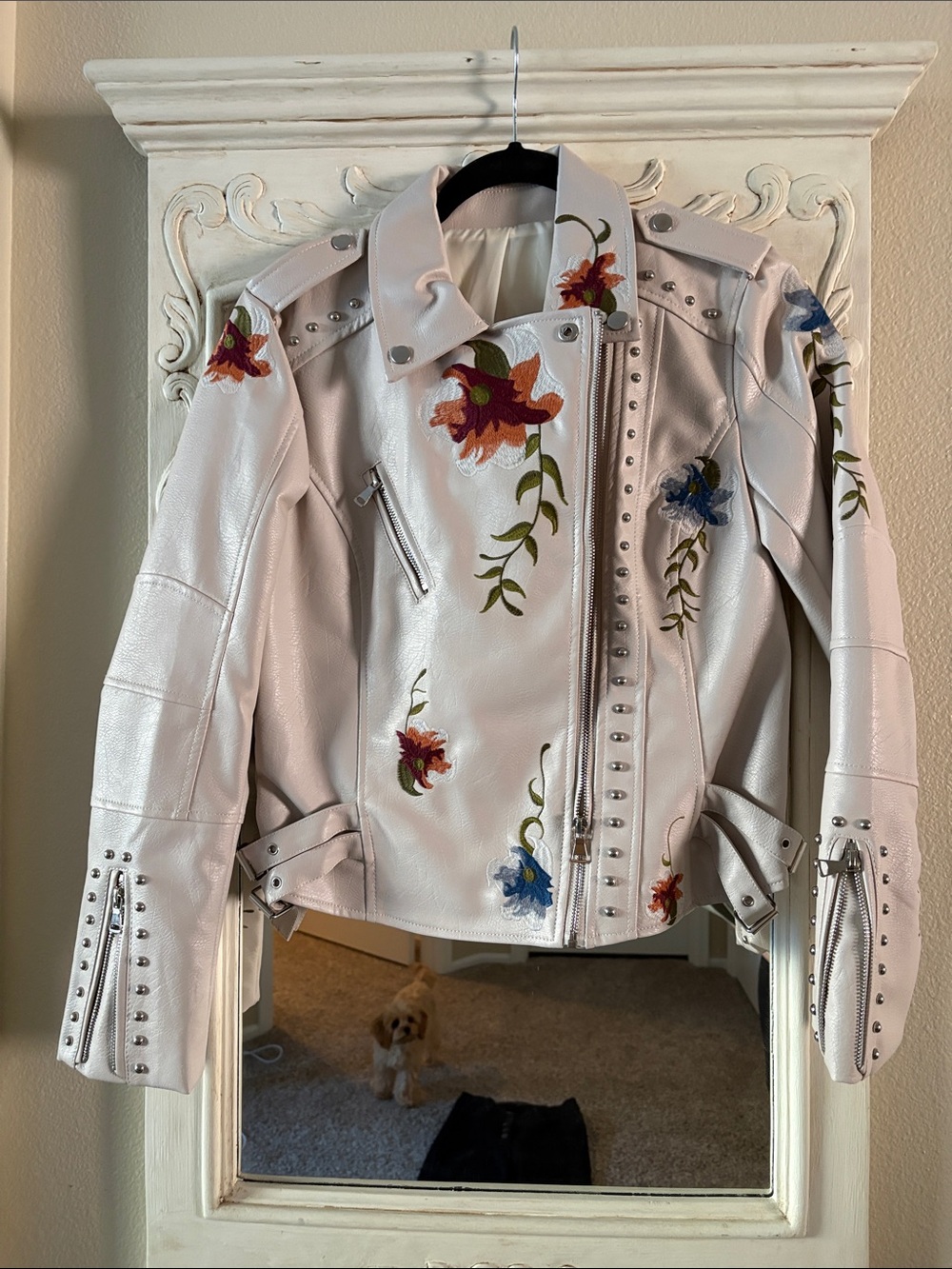 Floral Embroidered White Faux Leather Moto Jacket